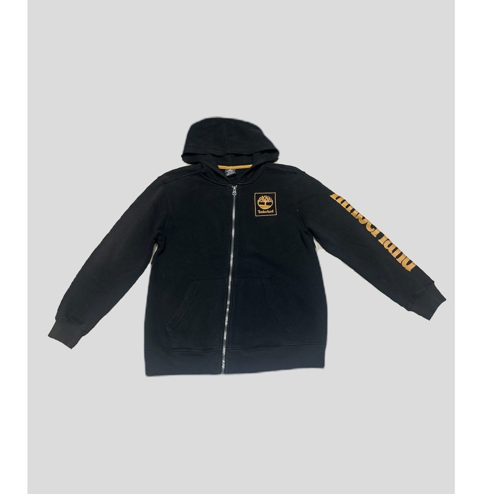 Timberland Full Zip Fleece Hoodie Black Logo Sleeve Youth Large (14-16) women XS
